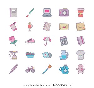 cute objects line and fill style icon set design, Ornament art cute idea creative and decorative theme Vector illustration