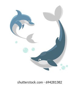 Cute ocaenic whale and sea dolphin isolated illustration