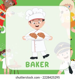 Cute Occupation Flashcard for Children. A Cute baker boy with a tray of Croissant on his hand. Ready to print. Printable game card. Educational card for preschool. Vector illustration.