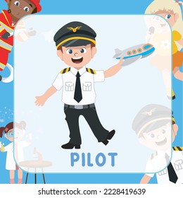 Cute Occupation Flashcard for Children. A cute little pilot with the uniform and holding an airplane miniature. Ready to print. Printable game card. Educational card for preschool. Vector illustration