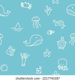 Cute ocean animal cartoon doodle seamless pattern blue background vector illustration design