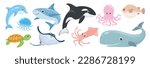 Cute ocean animal and fish set. Cartoon stingray, hedgehog fish, squid, octopus, killer whale, jellyfish, turtle, dolphin and shark. Vector flat illustration isolated on white.