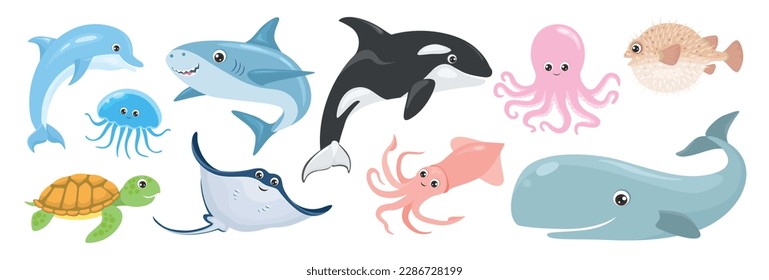 Cute ocean animal and fish set. Cartoon stingray, hedgehog fish, squid, octopus, killer whale, jellyfish, turtle, dolphin and shark. Vector flat illustration isolated on white.