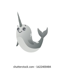 Cute ocean animal gray narwhal, smiling funny sea unicorn. Happy magical narwhal and unicorn. Isolated vector cartoon flat illustration on white background.