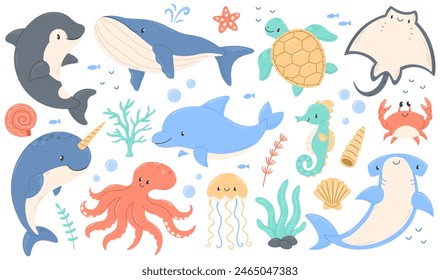 Niedliche Meerestiere in Cartoon flachen Stil. Niedlicher Wal, Delphin, Killerwal, Oktopus, Krabbe, Hai, Schildkröte, Stachelrochen, Seepferdchen, Quallen. Vektorillustration.