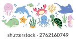 Cute ocean animals clipart set with dolphin, whale, jellyfish, octopus, crab, turtle, stingray, seahorse, starfish and sea plants. Bright friendly style and soft color palette. Sea vector set for kids nursery