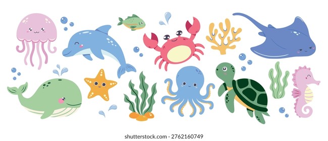 Cute ocean animals clipart set with dolphin, whale, jellyfish, octopus, crab, turtle, stingray, seahorse, starfish and sea plants. Bright friendly style and soft color palette. Sea vector set for kids nursery