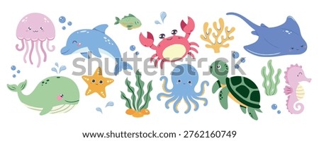 Cute ocean animals clipart set with dolphin, whale, jellyfish, octopus, crab, turtle, stingray, seahorse, starfish and sea plants. Bright friendly style and soft color palette. Sea vector set for kids nursery