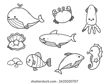 Cute Ocean Animals Doodle – Hand Drawn Sea Creatures Illustration Set