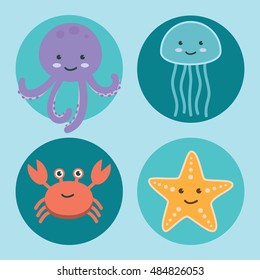 Cute ocean animals icons. Aquatic and Marine life vector illustration of jellyfish, crab, octopus, starfish in flat design.