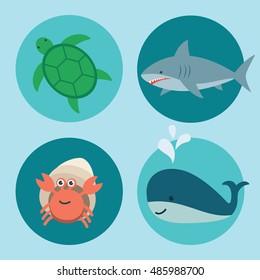 Cute ocean animals icons on Blue Sea background. Aquatic and Marine life vector illustration of Sea Turtle, Hermit Crab, Whale, Shark in flat design.