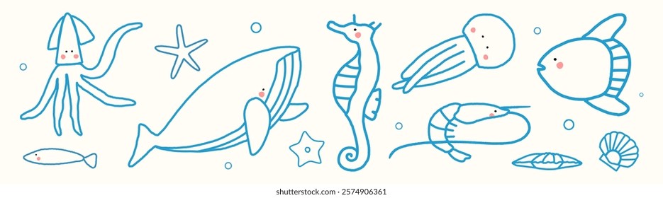 Cute ocean animals illustration with squid, whale, seahorse, and jellyfish. Ocean animals in simple blue line art. Fun sea life doodles. Doodle illustrations, vector set.