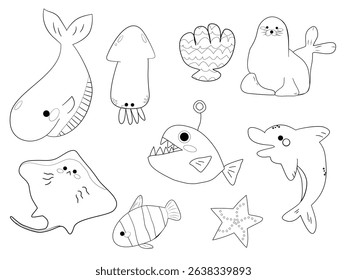 Cute ocean animals illustration, white isolate background