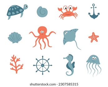 Cute Ozeantiere einzeln auf weißem Hintergrund. Meeresgewässer. Vektorgrafik für Kinderdesign. Tintenfisch, Muschel, Quallen, Seesterne, Krabbe, Stechen, Schildkröte, Meerestiere, Korallen, Anker und Steerin