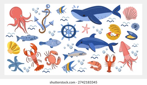 Cute ocean animals and nautical elements clipart set: whales, dolphin, octopus, squid, fish, crab, lobster, shrimp, shells, anchor, ship wheel, bubbles and waves. Flat vector illustration
