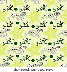Cute ocean animals on background. Childish vector illustration of turtle, star shell and coral.vector