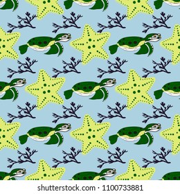 Cute ocean animals on a dark background. Childish vector illustration of turtle, star shell and coral.vector