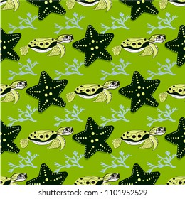 Cute ocean animals on a dark background. Childish vector illustration of turtle, star shell and coral.vector