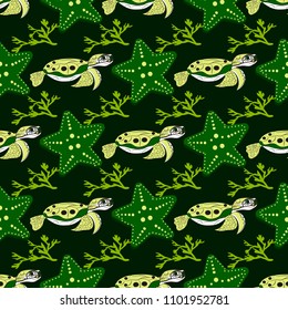 Cute ocean animals on a dark background. Childish vector illustration of turtle, star shell and coral.vector