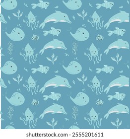 Cute ocean animals pattern with whales, octopuses, and dolphins on blue background.