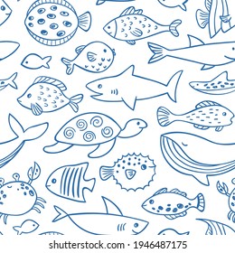 Cute ocean animals seamless pattern. Cartoon fish, turtle, shark, whale. Line art doodle marine life. Nursery textile design, apparel.