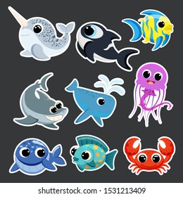 cute ocean animals set sticker template in flat vector style