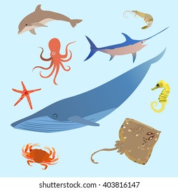 Cute ocean animals simple creatures. Octopus, shark sea cartoon fish. Vector eps10