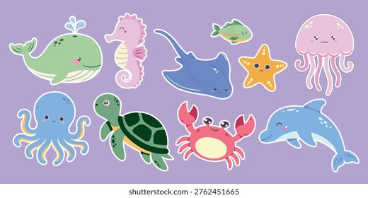 Cute ocean animals sticker set with whale dolphin turtle crab octopus and jellyfish. Playful ocean themed collection