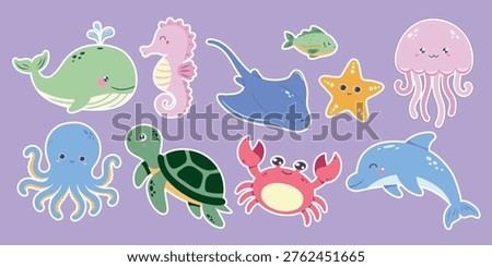 Cute ocean animals sticker set with whale dolphin turtle crab octopus and jellyfish. Playful ocean themed collection