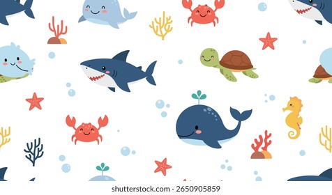 Cute ocean animals underwater life cartoon style repeating pattern design