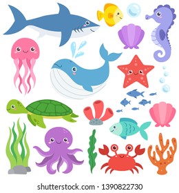 Cute Ocean Animals Vector Set. Sea Creatures Cartoon Characters, Marine Life Clip Art Collection. Whale, Shark, Jellyfish, Crab, Octopus, Seahorse, Seashells, Coral Reef, Sea Turtle, Starfish.