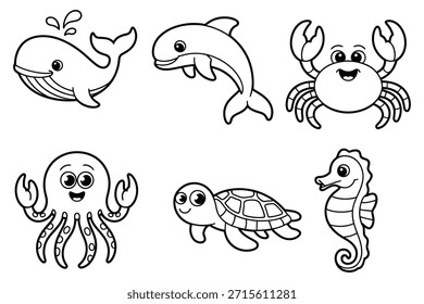 Bonitas criaturas oceânicas baleia golfinho caranguejo polvo tartaruga cavalo marinho