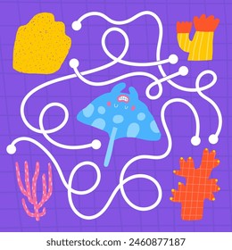 Cute ocean doodle maze with coral, seaweed, sea plant, sting ray. Underwater reef bottom puzzle for kids, children. Funny cartoon style labyrinth with adorable characters