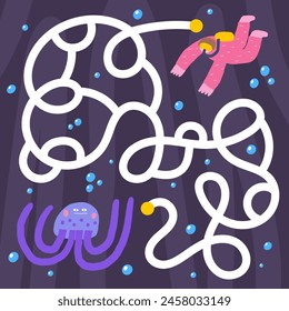 Cute ocean doodle maze with diver, jellyfish, bubbles. Underwater reef bottom puzzle for kids, children. Funny cartoon style labyrinth with adorable characters