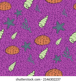 Cute ocean elements, seamless pattern on violet background