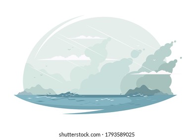 Cute ocean landscape vector illustration. Fresh sea breeze flat style. Virgin nature and joy concept. Beautiful scenery. Waves and cloudy sky. Isolated on white background