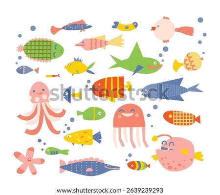 Cute ocean life colorful creatures underwater wildlife bright geometric shape drawings isolated set. Funny childlike exotic sea animals swimming vector illustration. Marine fauna baby shower elements