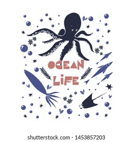 Cute ocean life vector illustration. Undersea world. Good for flyer, poster, banner, t shirt, package design.