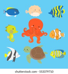 Cute ocean and marine animals vector illustration set consist of angel fish, puffer fish, clown fish, sea turtle, sea horse and octopus