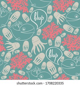 Cute Ocean Marine Vivid Seamless Vector Pattern for Wrapping, Textile  of or other Decorations