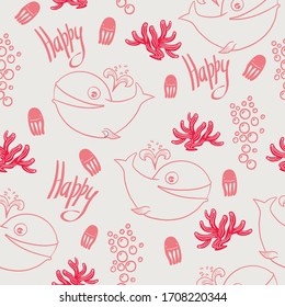 Cute Ocean Marine Vivid Seamless Vector Pattern for Wrapping, Textile  of or other Decorations
