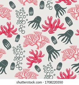 Cute Ocean Marine Vivid Seamless Vector Pattern for Wrapping, Textile  of or other Decorations