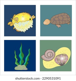 cute ocean and sea underwater life character set

