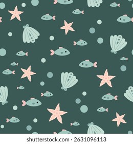 Cute ocean seamless pattern with fish, shell and starfish. Adorable sea pattern for kids. Whimsical nautical hand drawn vector design in flat cartoon style