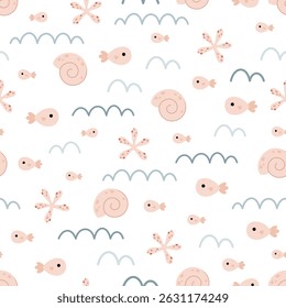 Cute ocean seamless pattern with fish, shell, starfish, waves. Adorable sea pattern for kids. Whimsical nautical hand drawn vector design in flat cartoon style