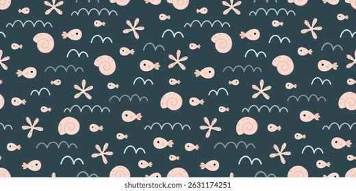 Cute ocean seamless pattern with fish, shell, starfish, waves. Adorable sea pattern for kids. Whimsical nautical hand drawn vector design in flat cartoon style