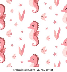 Cute ocean seamless pattern with pink sea​​horse, fish, starfish and seaweeds. Cartoon sea background. Nautical repeat design. Girly vector illustration.