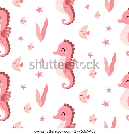 Cute ocean seamless pattern with pink sea​​horse, fish, starfish and seaweeds. Cartoon sea background. Nautical repeat design. Girly vector illustration.