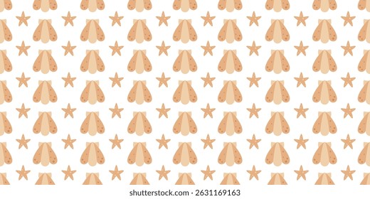 Cute ocean seamless pattern with seashell and starfish. Adorable sea pattern. Whimsical nautical hand drawn vector design in flat cartoon style