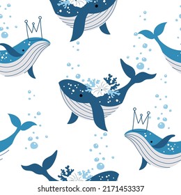 Cute Ocean Seamless Pattern Vector, Whale Background